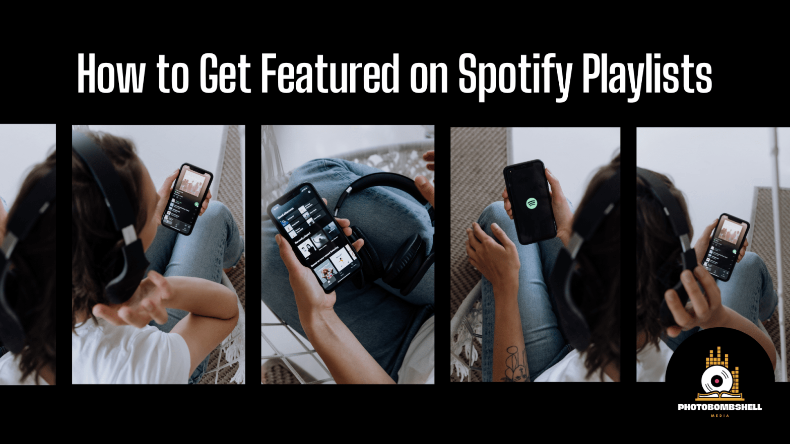 How to Get Featured on Spotify Playlists image title with view of a brown haired woman from the back looking at the Spotify app on her phone